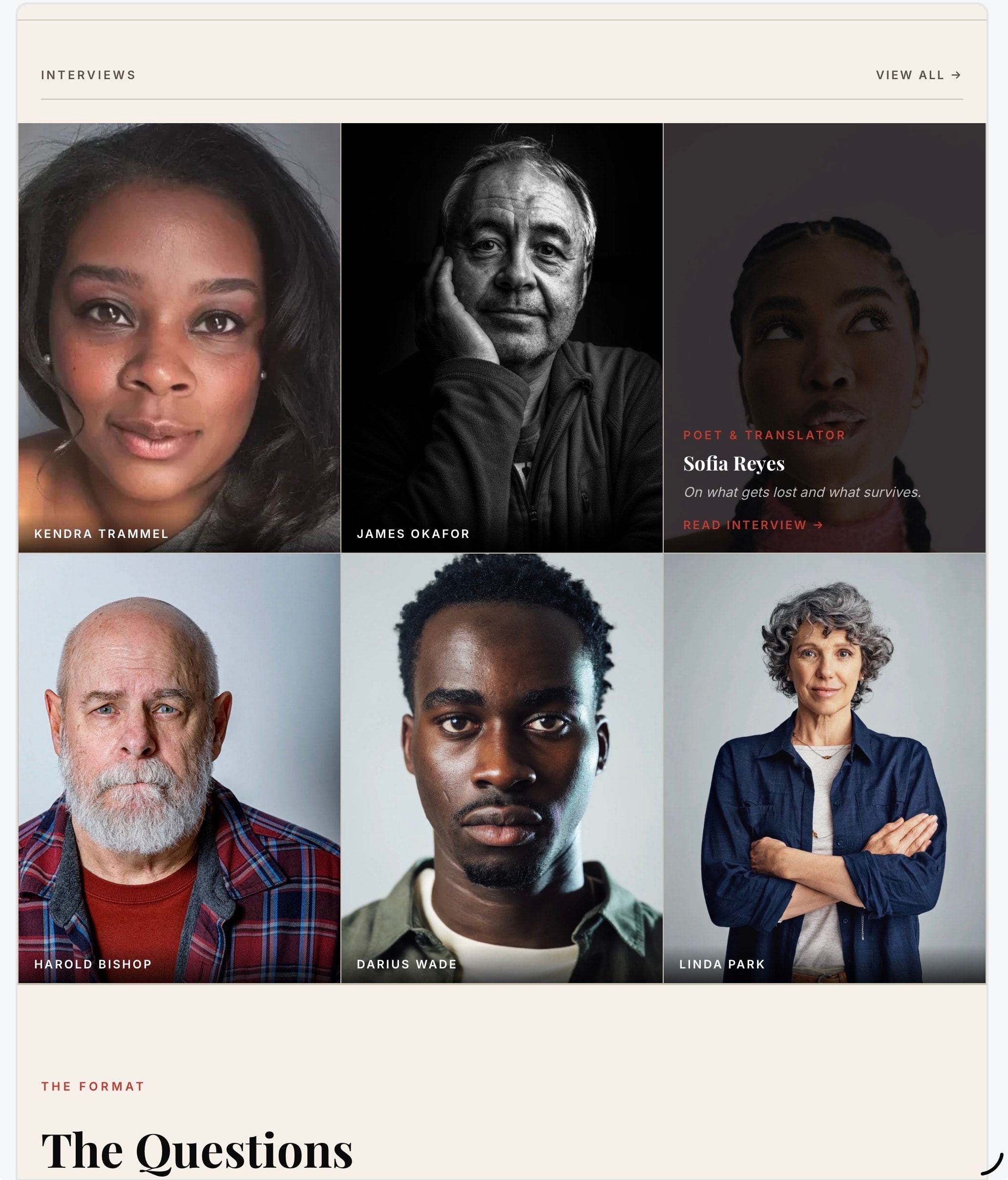Preview of the Six Questions With interview format showing the portrait grid and question section